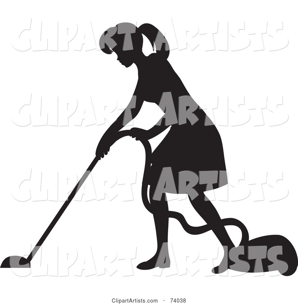 Black Silhouetted Maid Woman Vacuuming a Floor