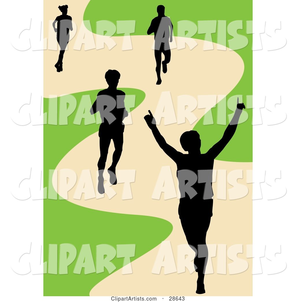Black Silhouetted Runner Holding His Arms up While Crossing the Finish Line, His Competitors Behind Him on a Track
