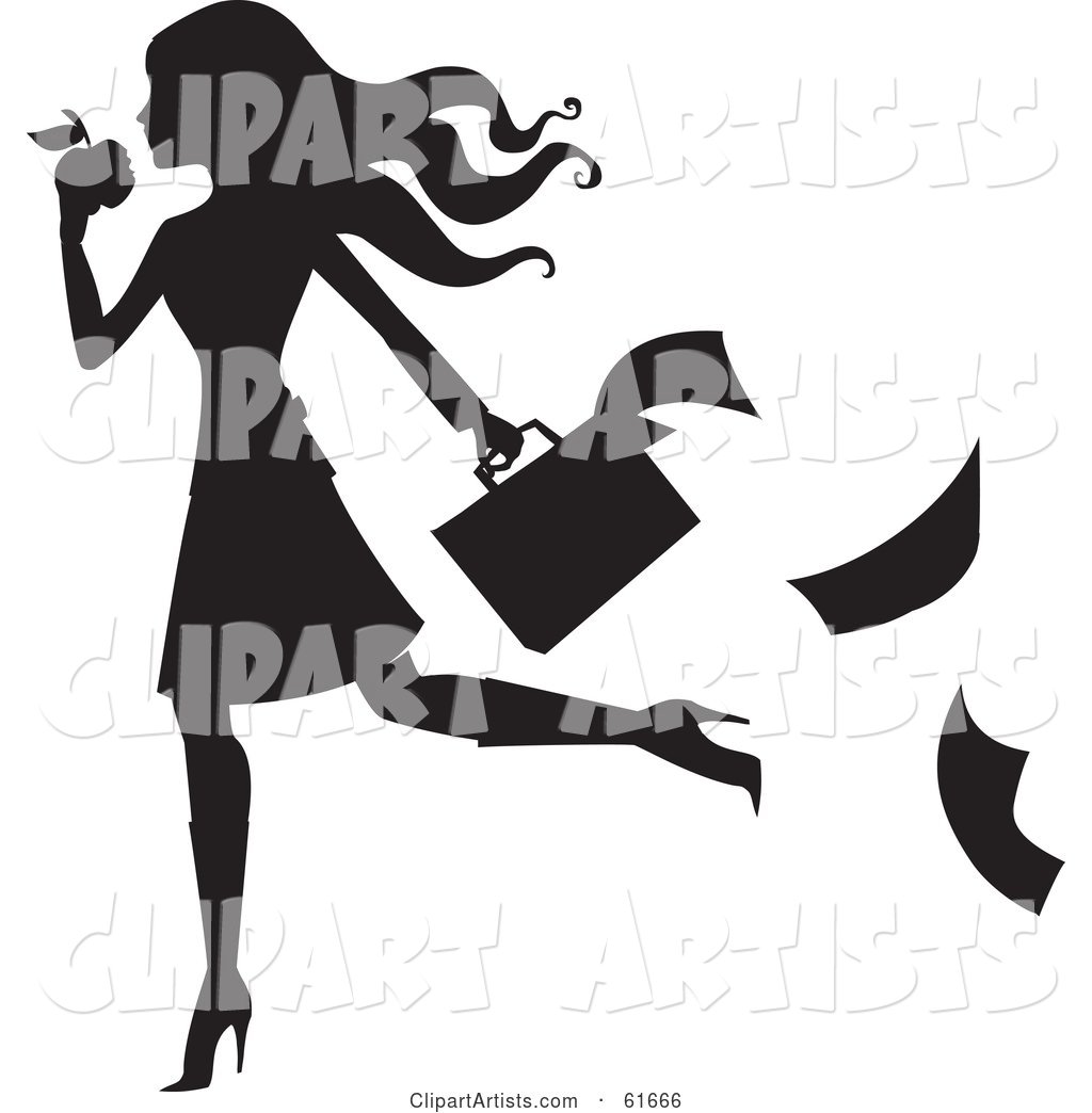 Black Silhouetted Woman Dropping Papers While Snacking on an Apple