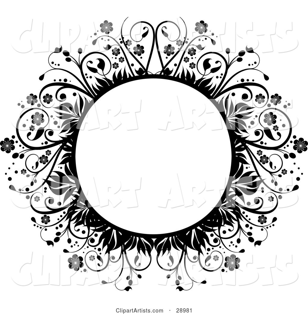 Blank Circle Framed by Black Flowers, Leaves and Vines, over White
