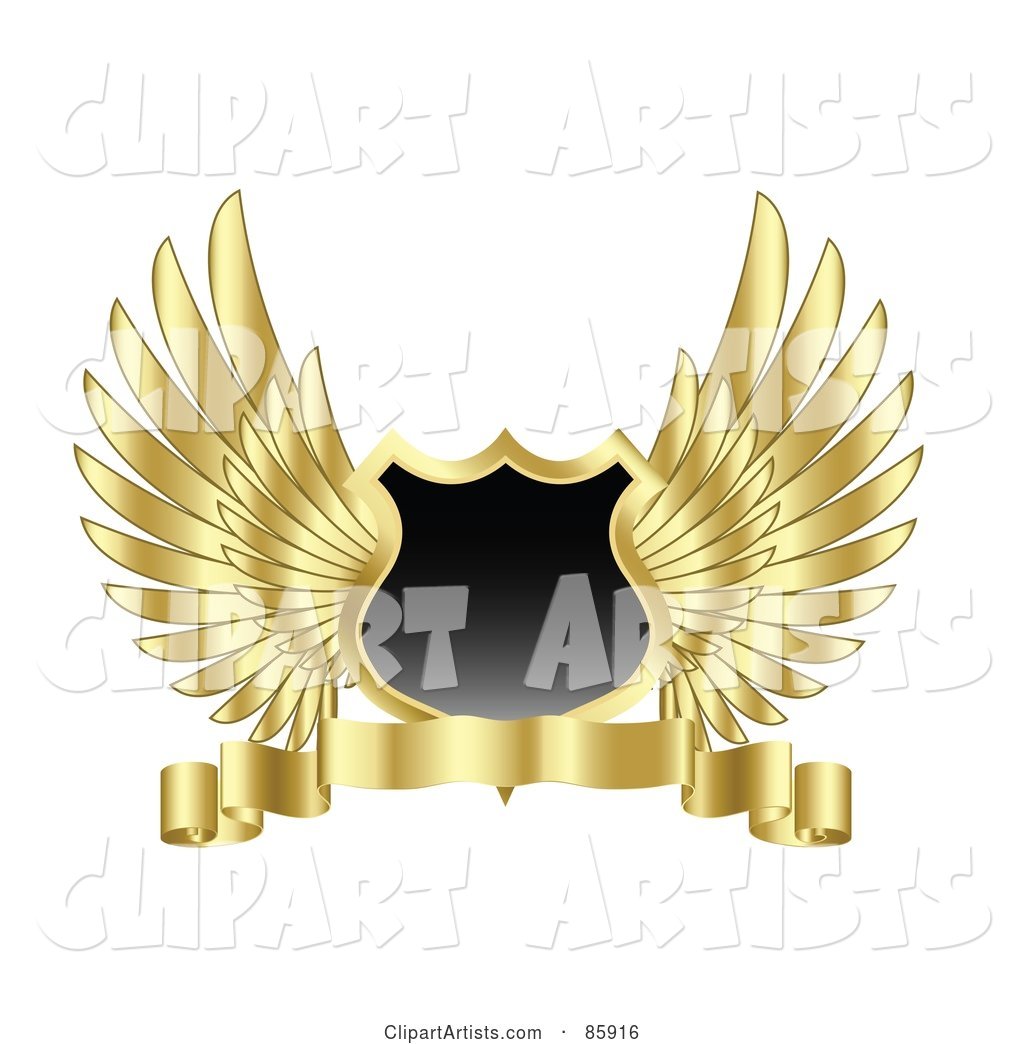 Blank Shield with Feathered Golden Wings and a Blank Banner