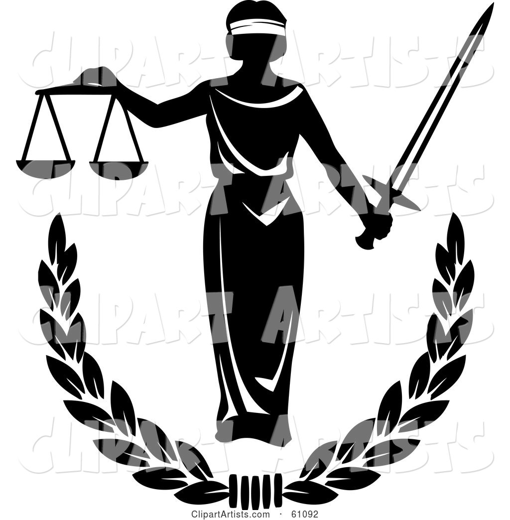 Blind Justice Holing Scales and a Sword over a Laurel