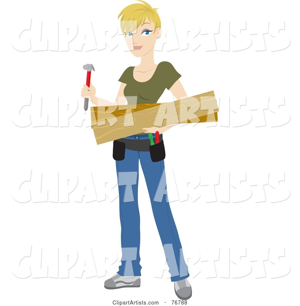 Blond Caucasian Builder Woman Carrying Lumber and a Hammer for a DIY Home Project