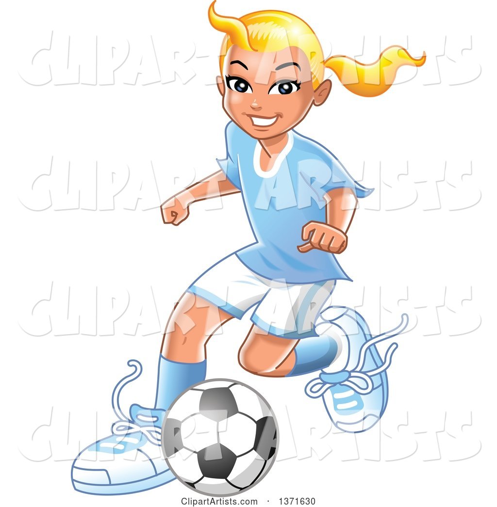 Blond Caucasian Girl Playing Soccer