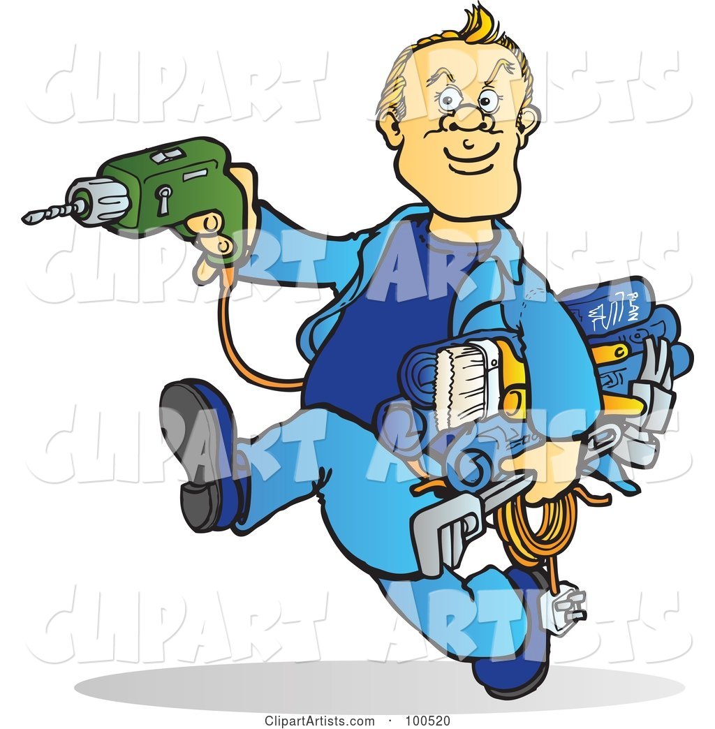 Blond Handy Man Running with Tools in His Hands