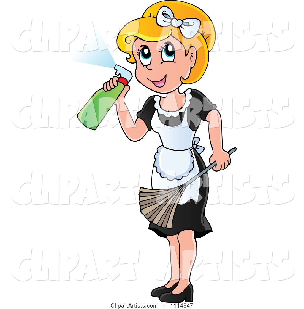 Blond Maid Spraying Cleanser and Holding a Duster