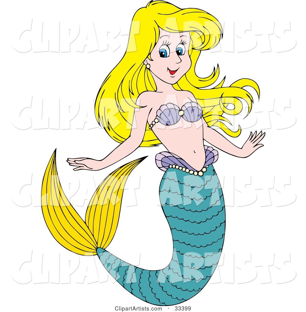 Blond Mermaid Wearing Purple Shells, with a Green Tail and Yellow Fins