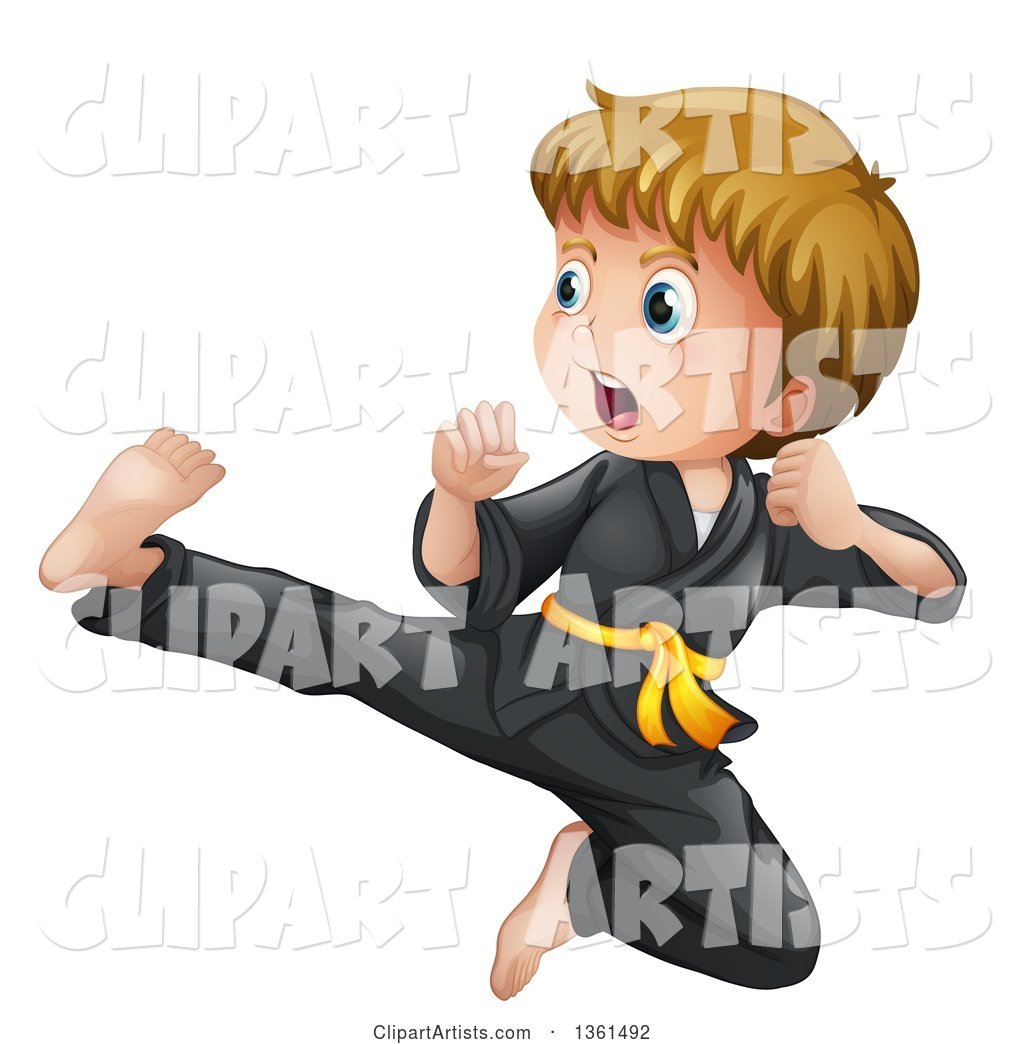 Blond White Karate Boy Jumping and Kicking
