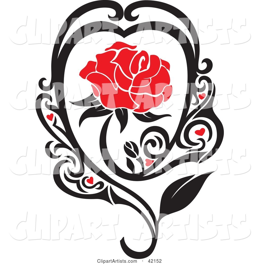 Blooming Red Rose in a Black Vine with Hearts