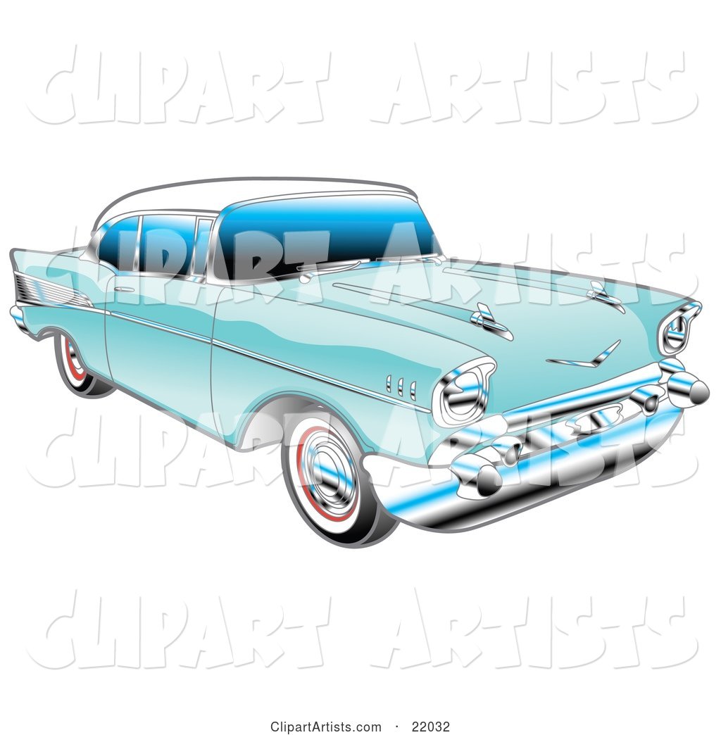 Blue 1957 Chevy Bel Air Car with a White Roof and Chrome Detailing