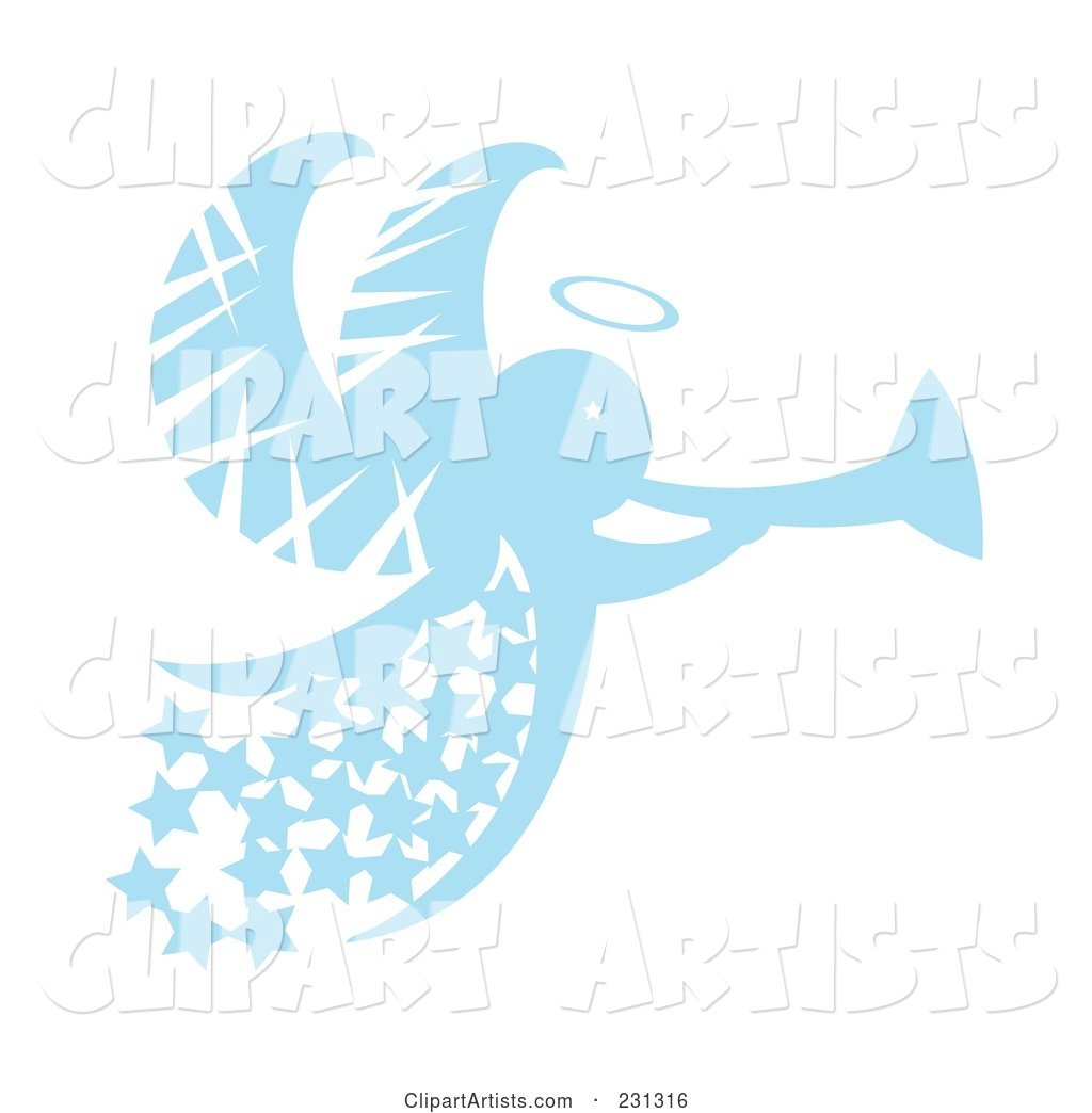 Blue Christmas Angel with Stars and a Horn