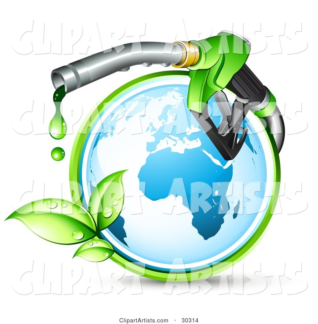 Blue Globe Circled by a Green Vine, with a Large Nozzle Dripping Green Bio Fuel