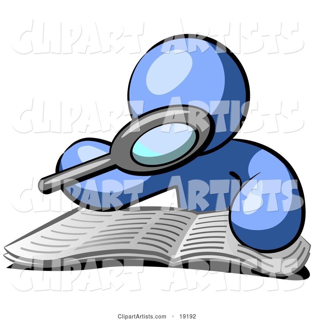 Blue Man Character Using a Magnifying Glass to Examine the Facts in the Daily Newspaper