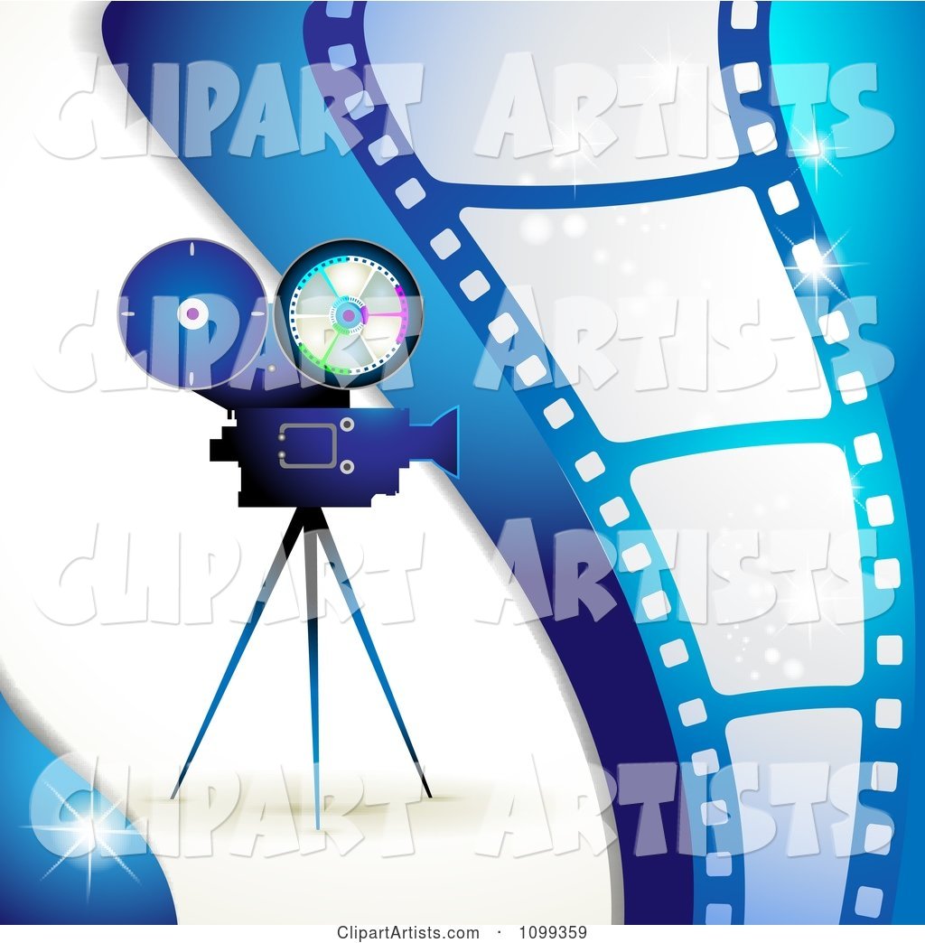 Blue Movie Camera and Film Strip Background