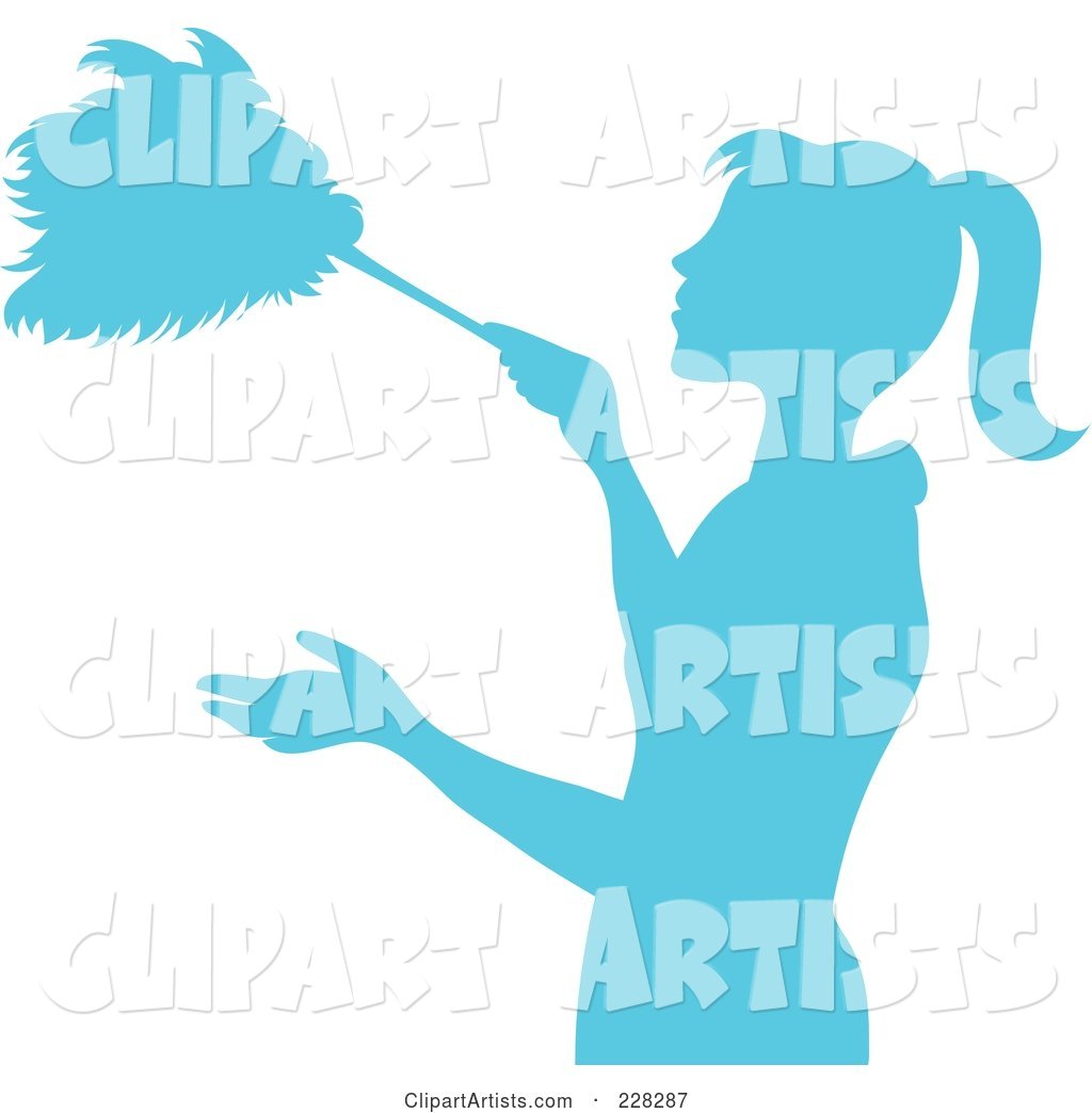 Blue Silhouetted Maid Dusting with a Feather Duster