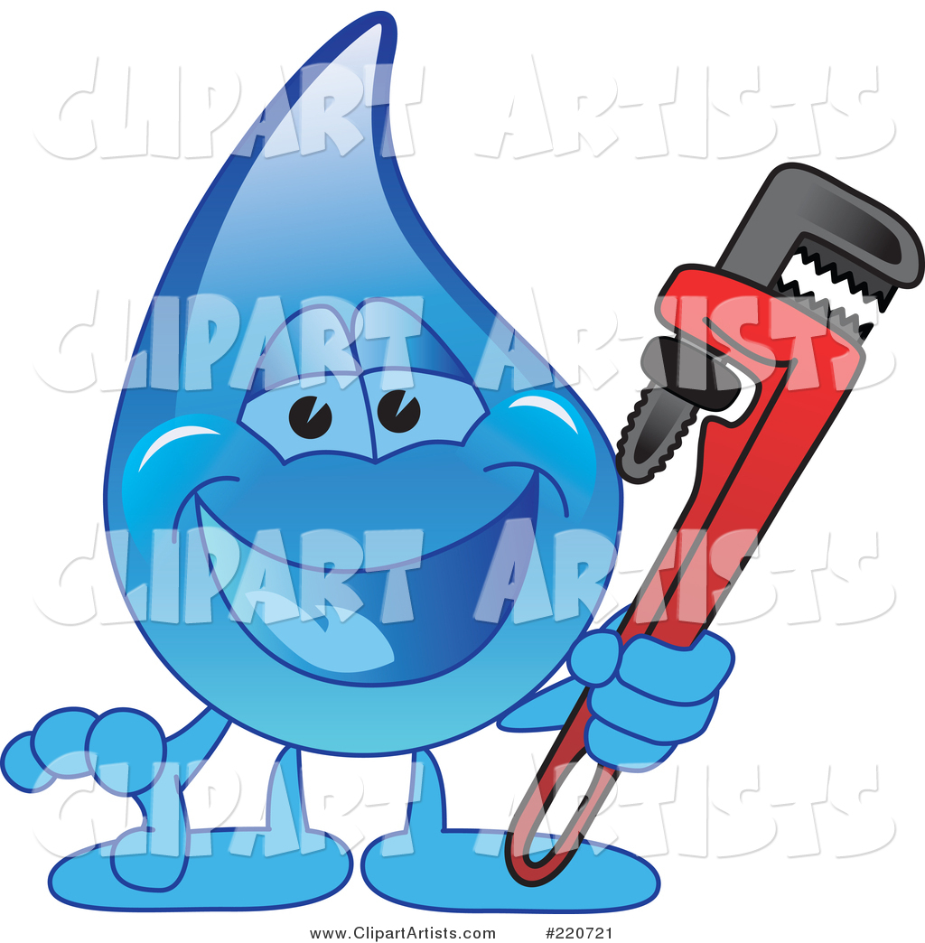 Blue Water Droplet Character Holding a Monkey Wrench
