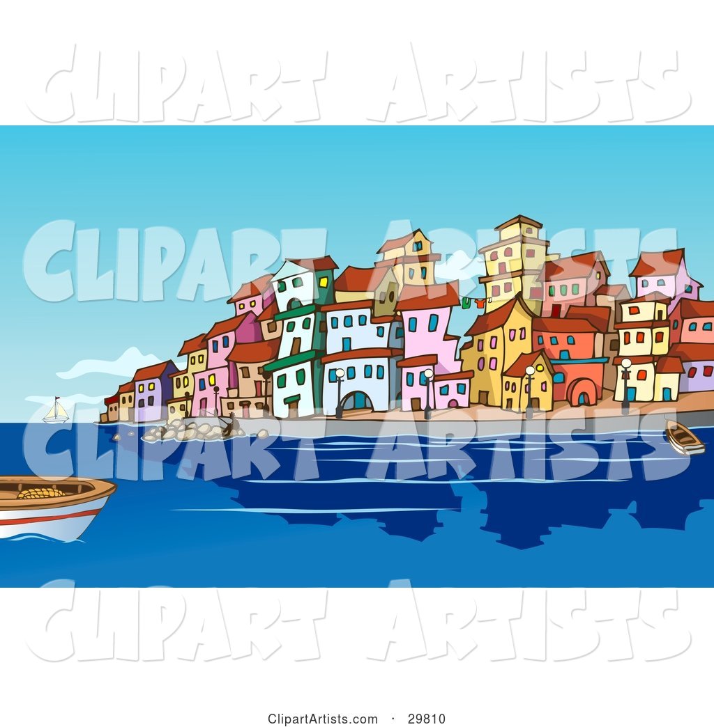 Boats and People in the Harbor near a Mediterranean Waterfront Town with Colorful Buildings