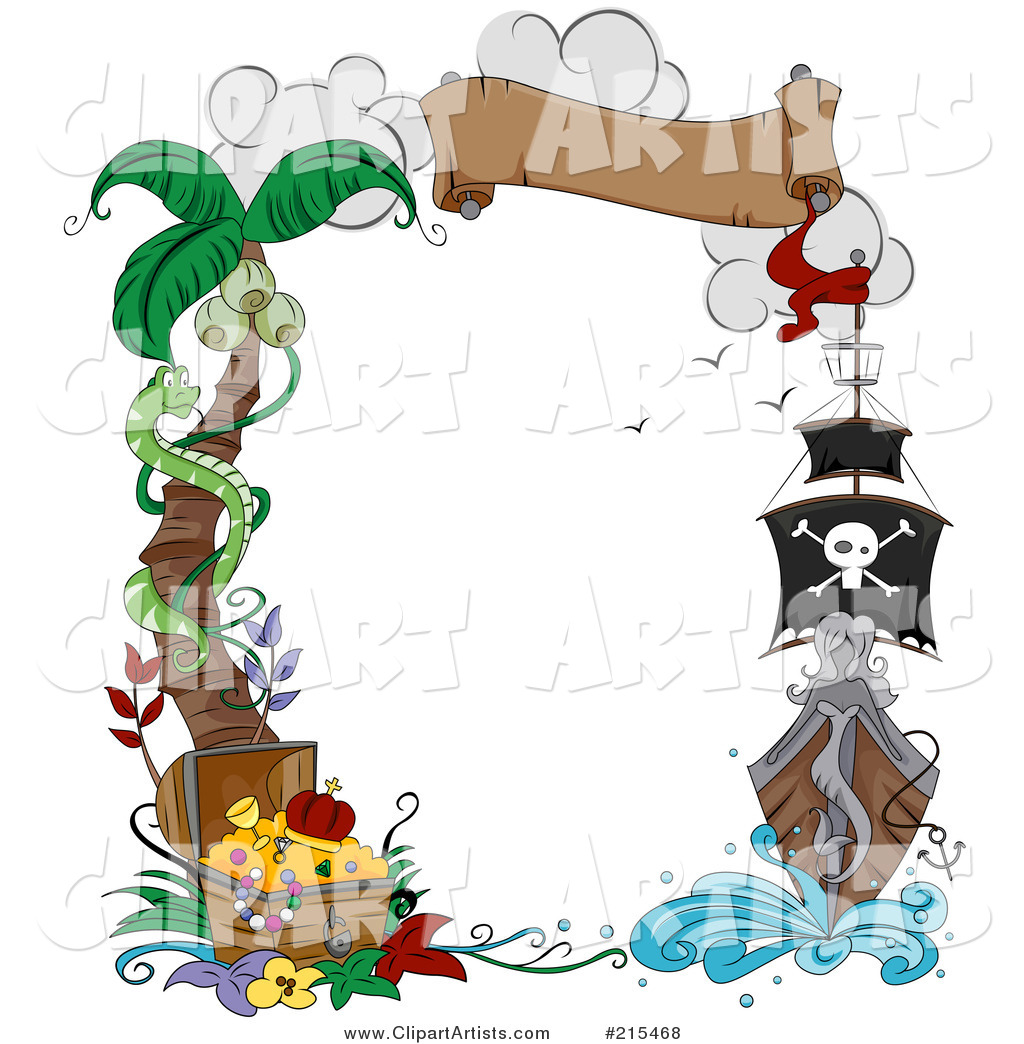 Border of a Palm Tree, Snake, Treasure Chest, Banner and Pirate Ship