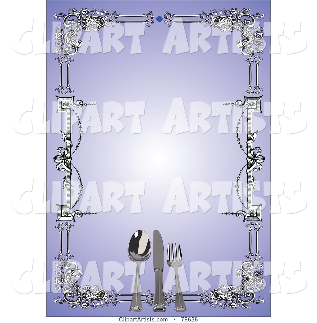 Border of Silverware and Carvings Around a Blank Purple Menu Background