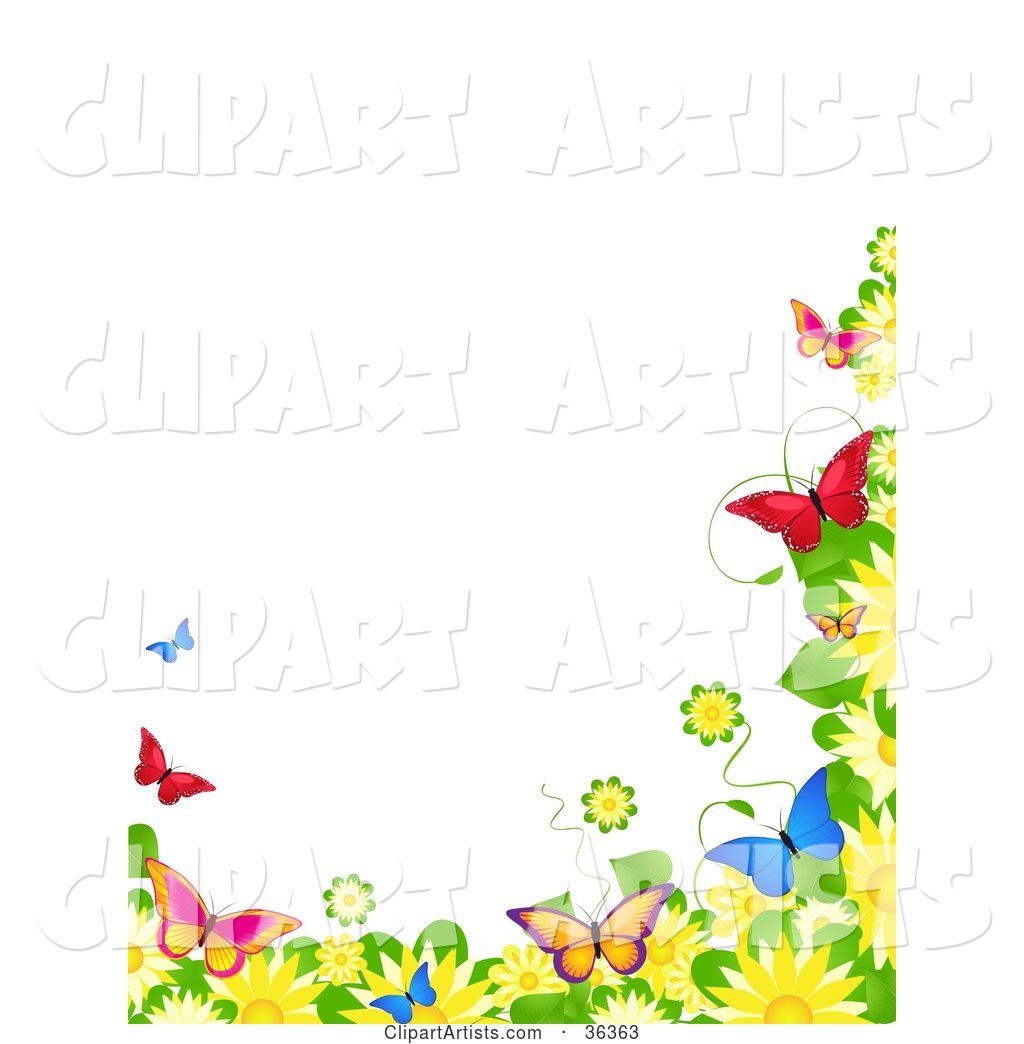 Border of Spring Flowers and Colorful Butterflies over a White Background