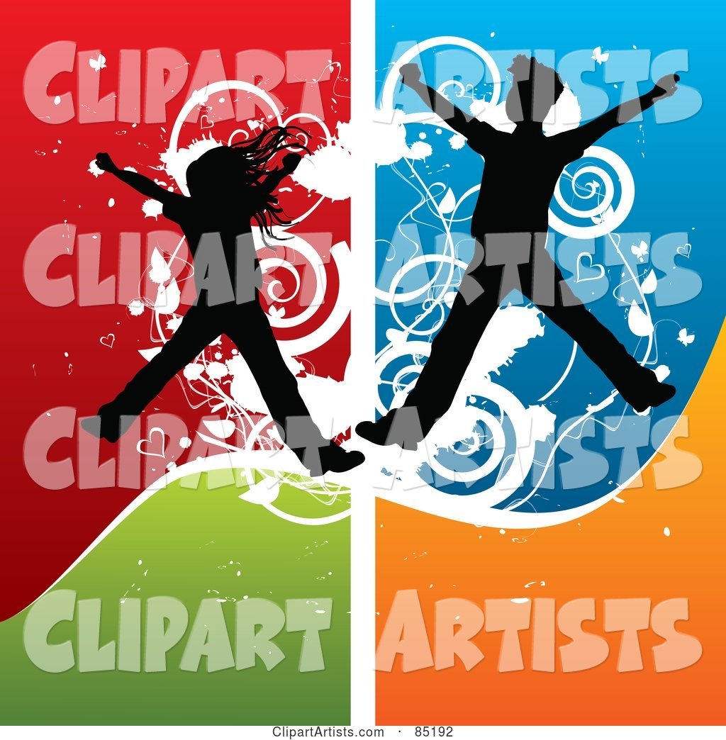 Boy and Girl Silhouettes Jumping over a Grungy Colorful Background