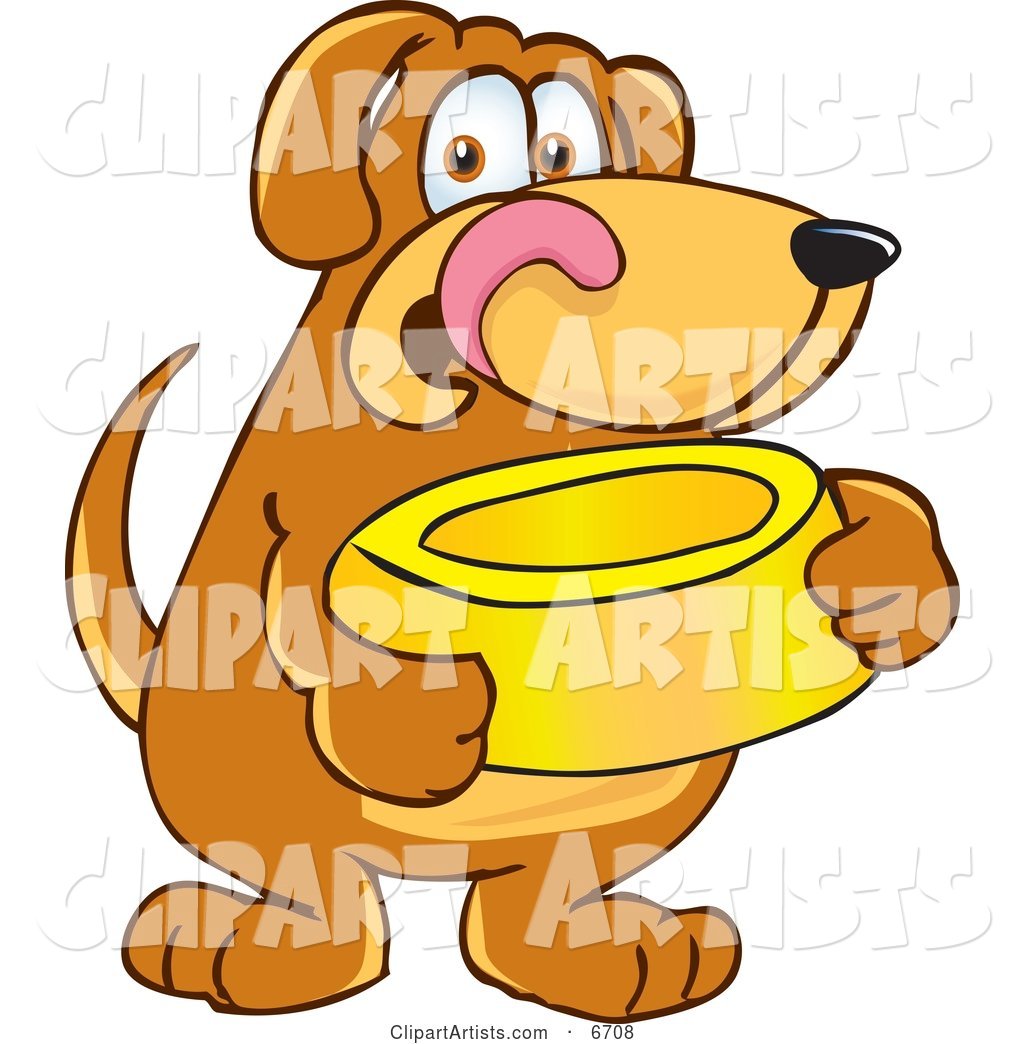Brown Dog Mascot Cartoon Character Holding a Food Dish, Waiting to Be Fed