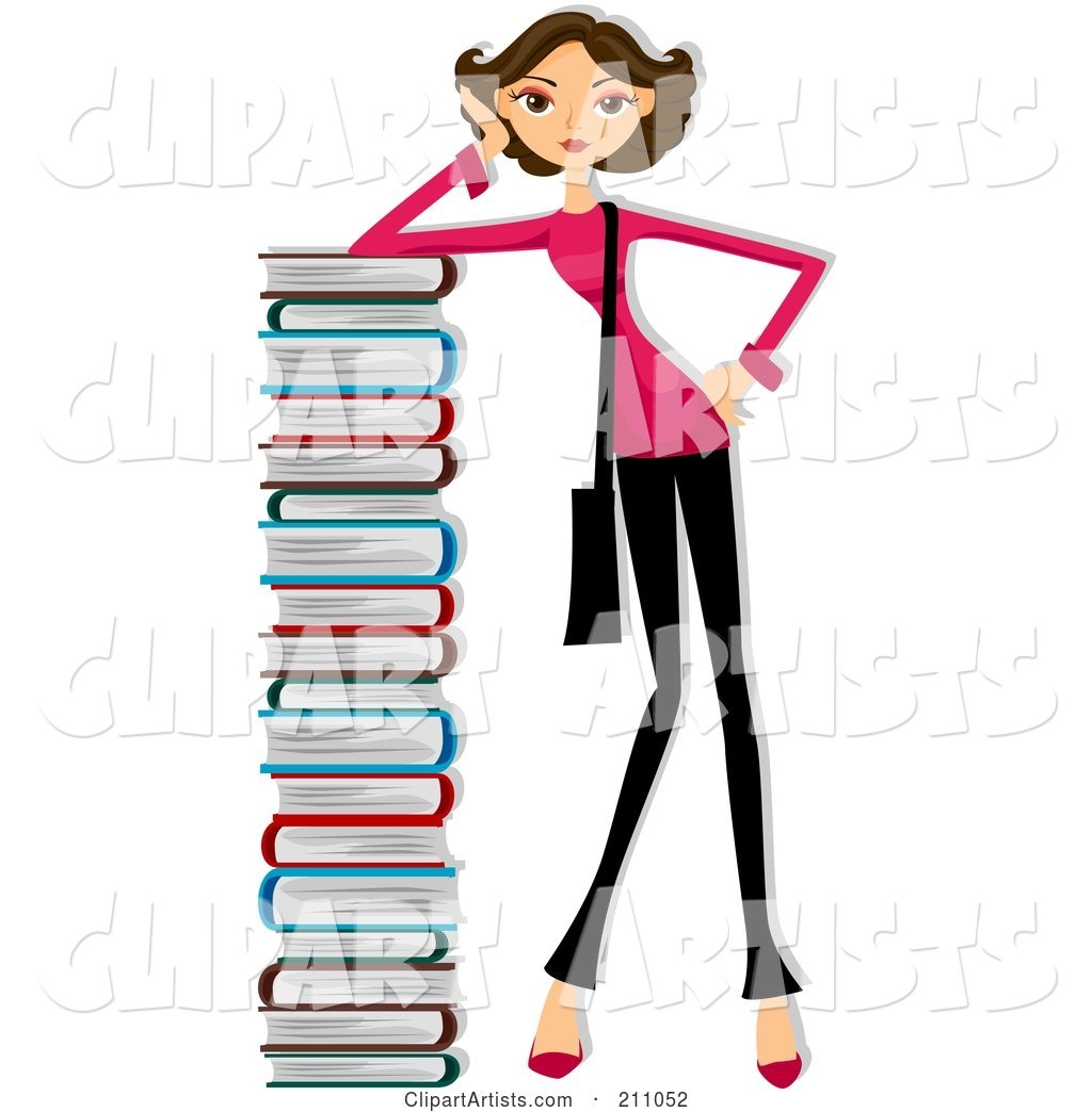 Brunette Woman Leaning Against a Very Tall Stack of Books