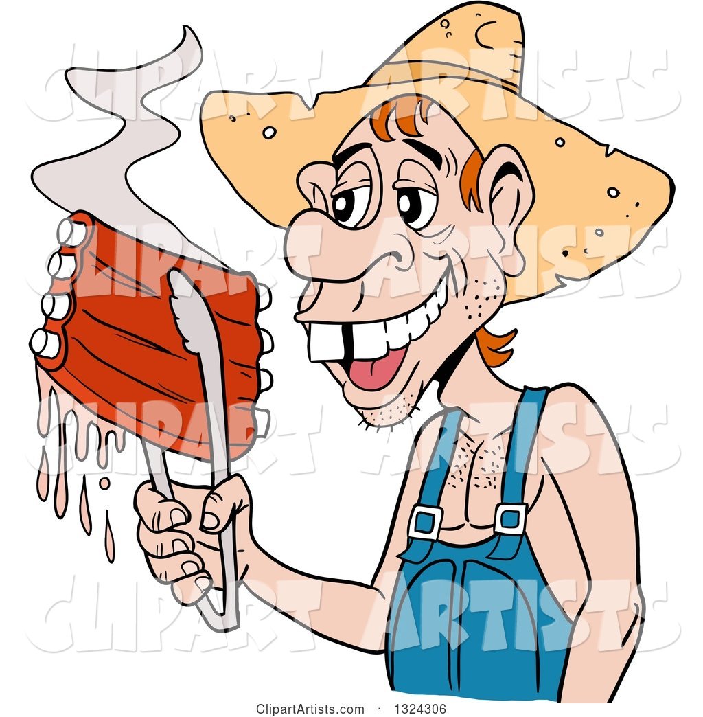 Buch Toothed Male Hillbilly Holding Juicy Bbq Ribs with Tongs