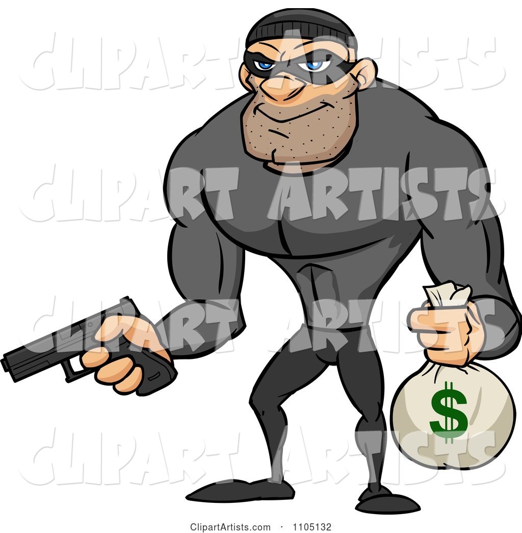 Buff Bank Robber Holding a Money Bag and Pistol