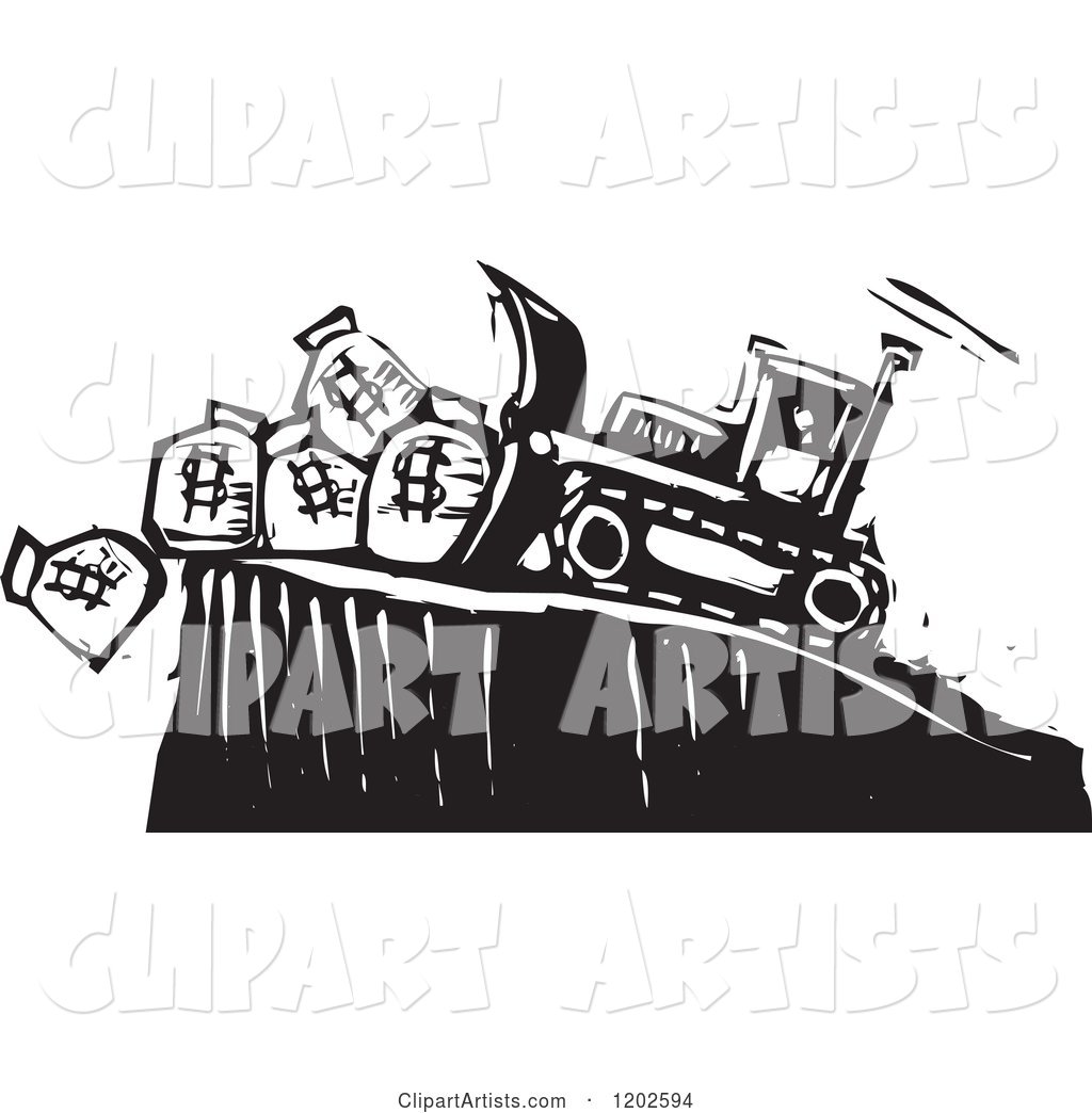 Bulldozer Pushing Money Bags off of a Cliff Black and White Woodcut
