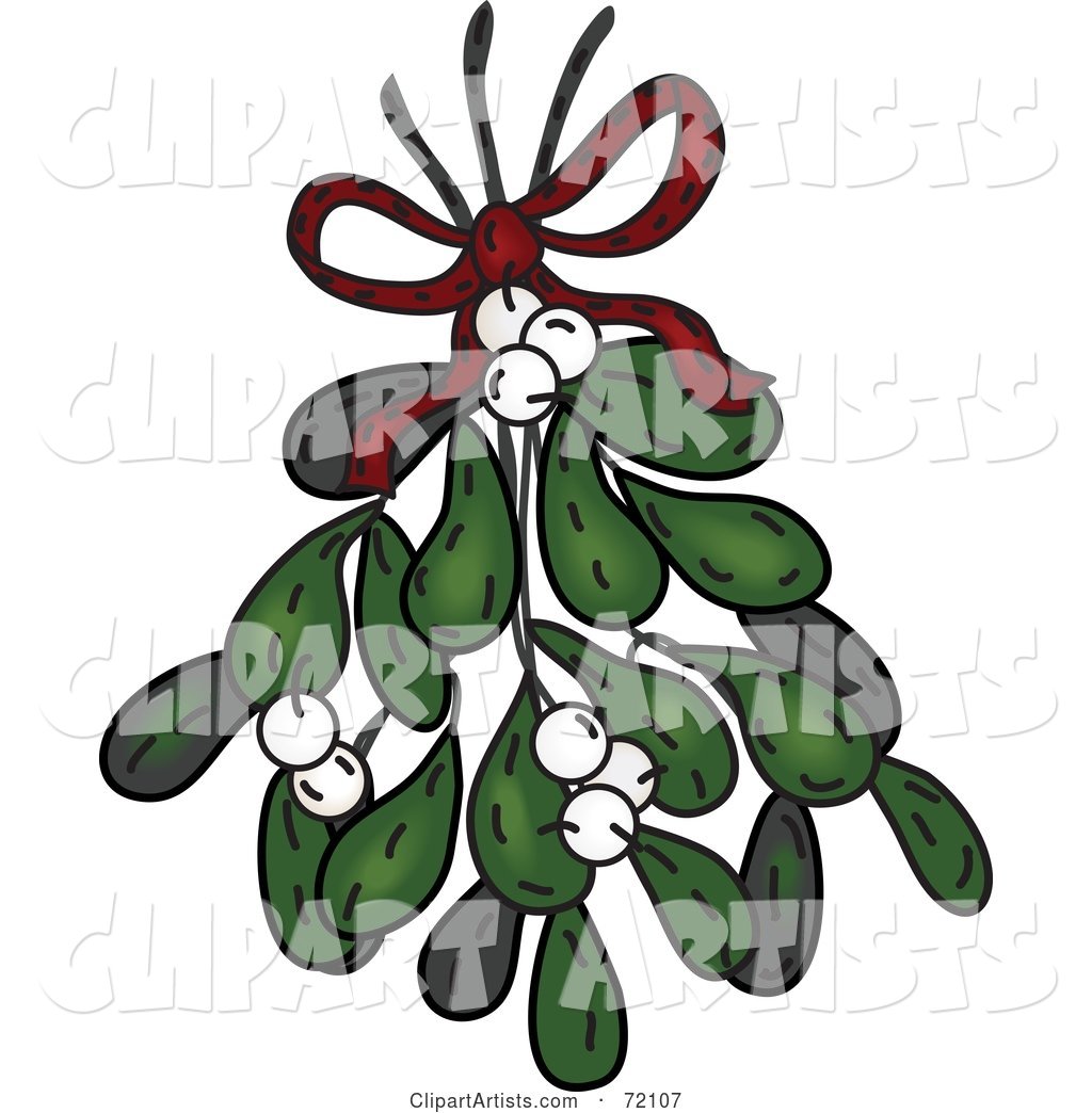 Bundle of Mistletoe with White Berries and a Red Bow