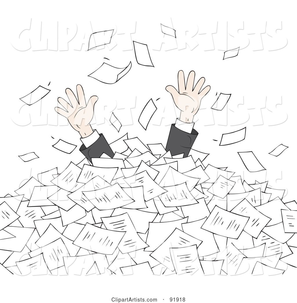 Business Man's Hands Reaching for Help from a Pile of Paperwork