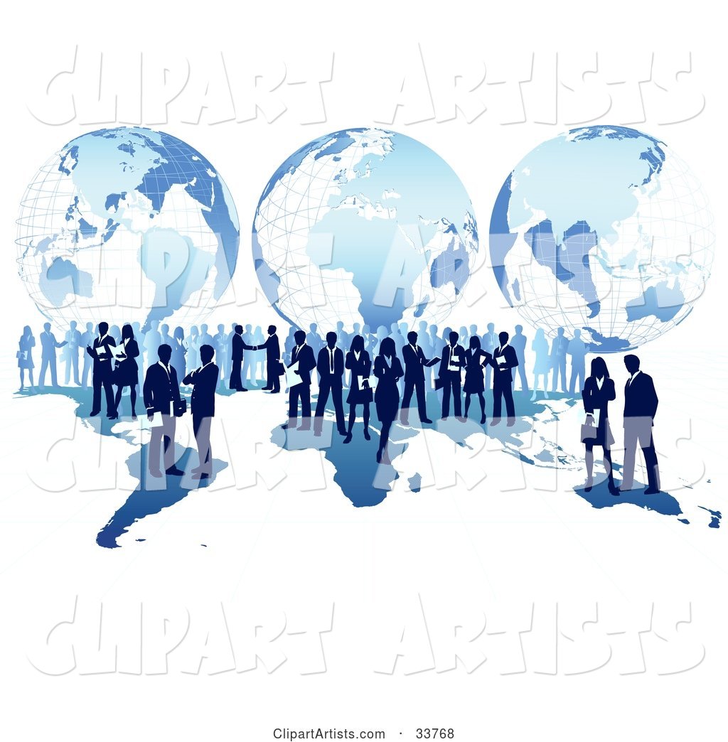 Business Men and Women Conducting Global Business over a Blue Map with a Grid Globe Background, over White