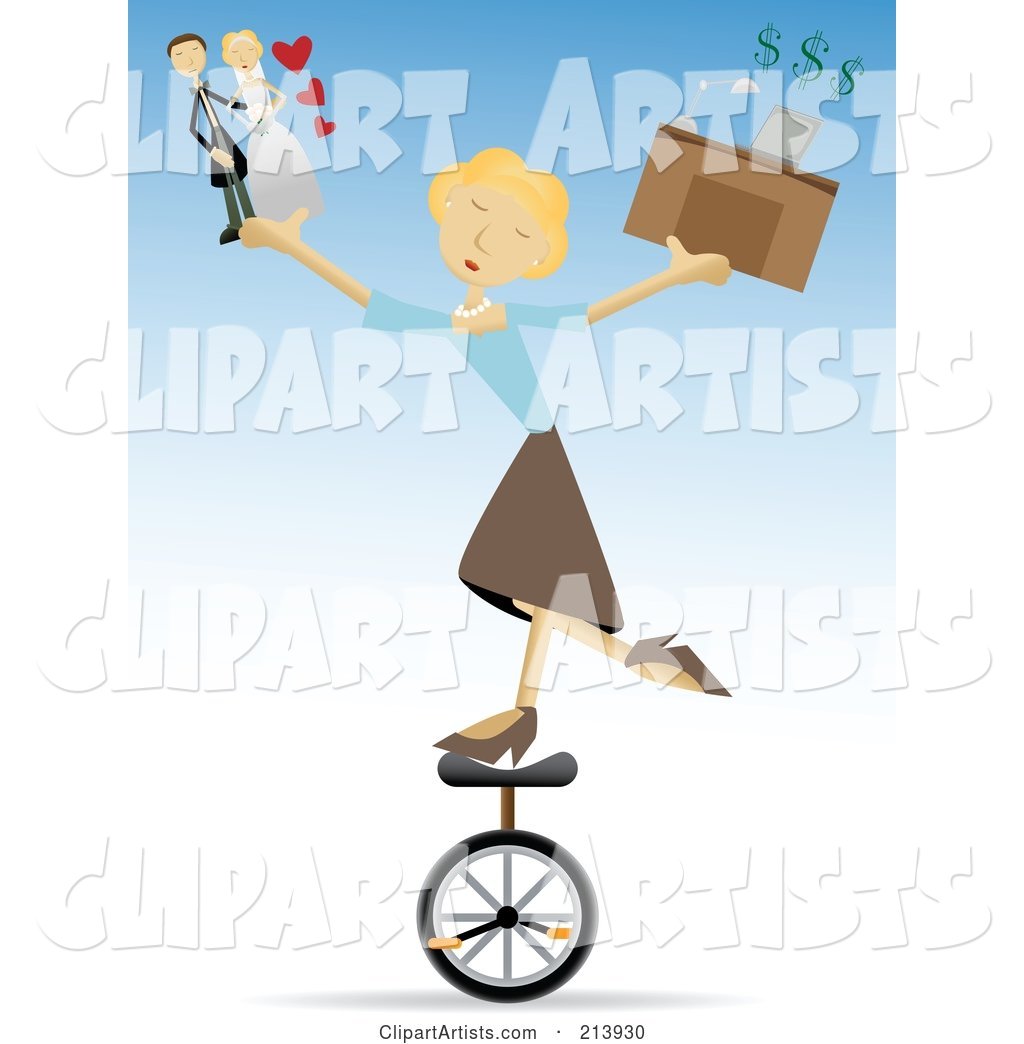 Busy Blond Woman Riding a Unicycle and Juggling Life Responsibilities