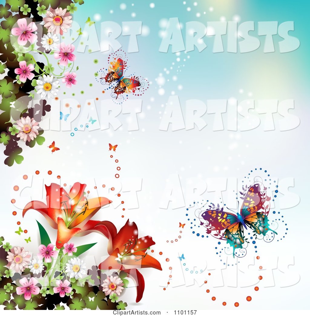 Butterflies with Sparkles Lilies and Blossoms on Blue