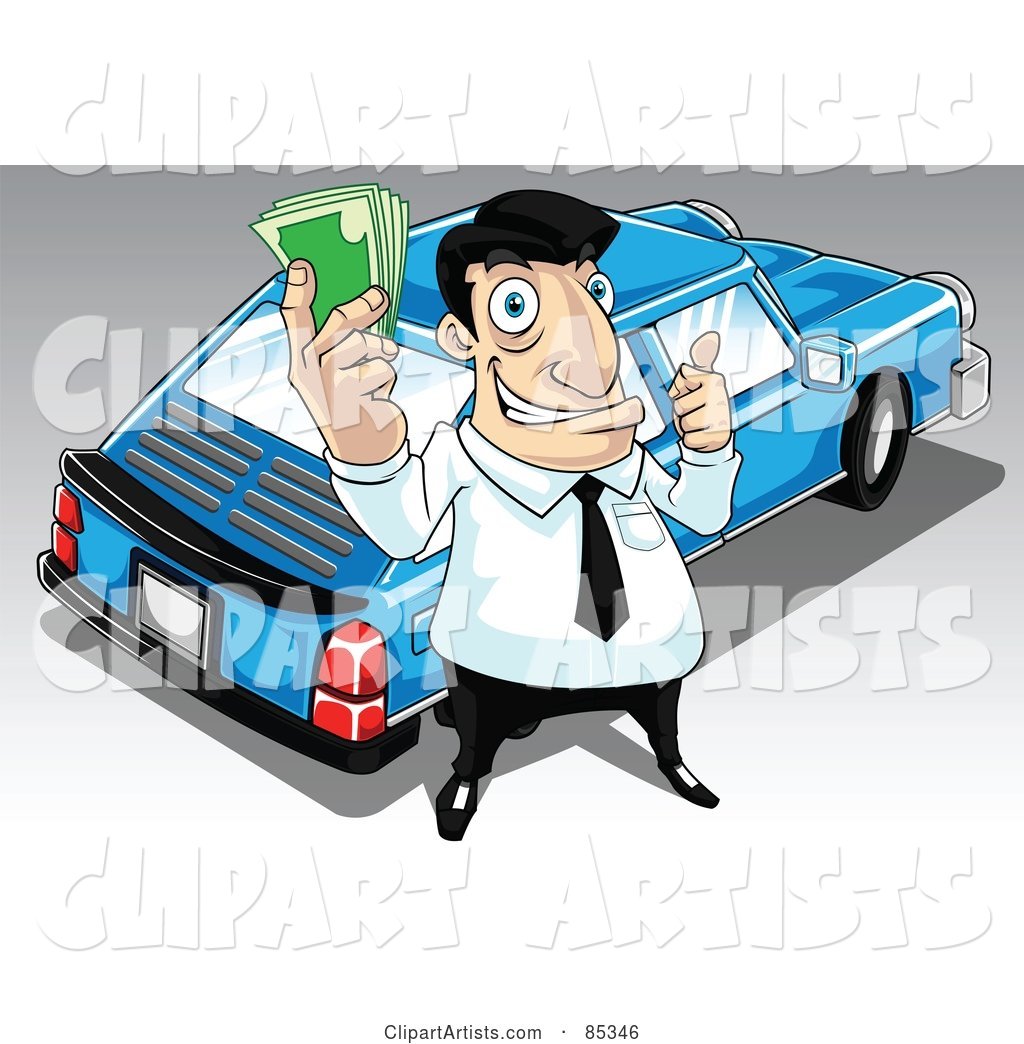 Car Salesman Holding Cash and Standing by a Blue Car