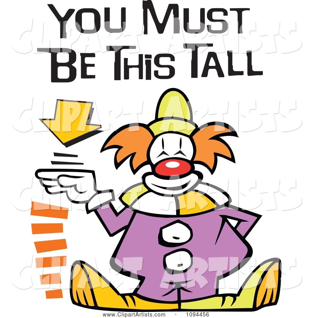 Carnival Clown Standing by a Height Sign with You Must Be This Tall Text