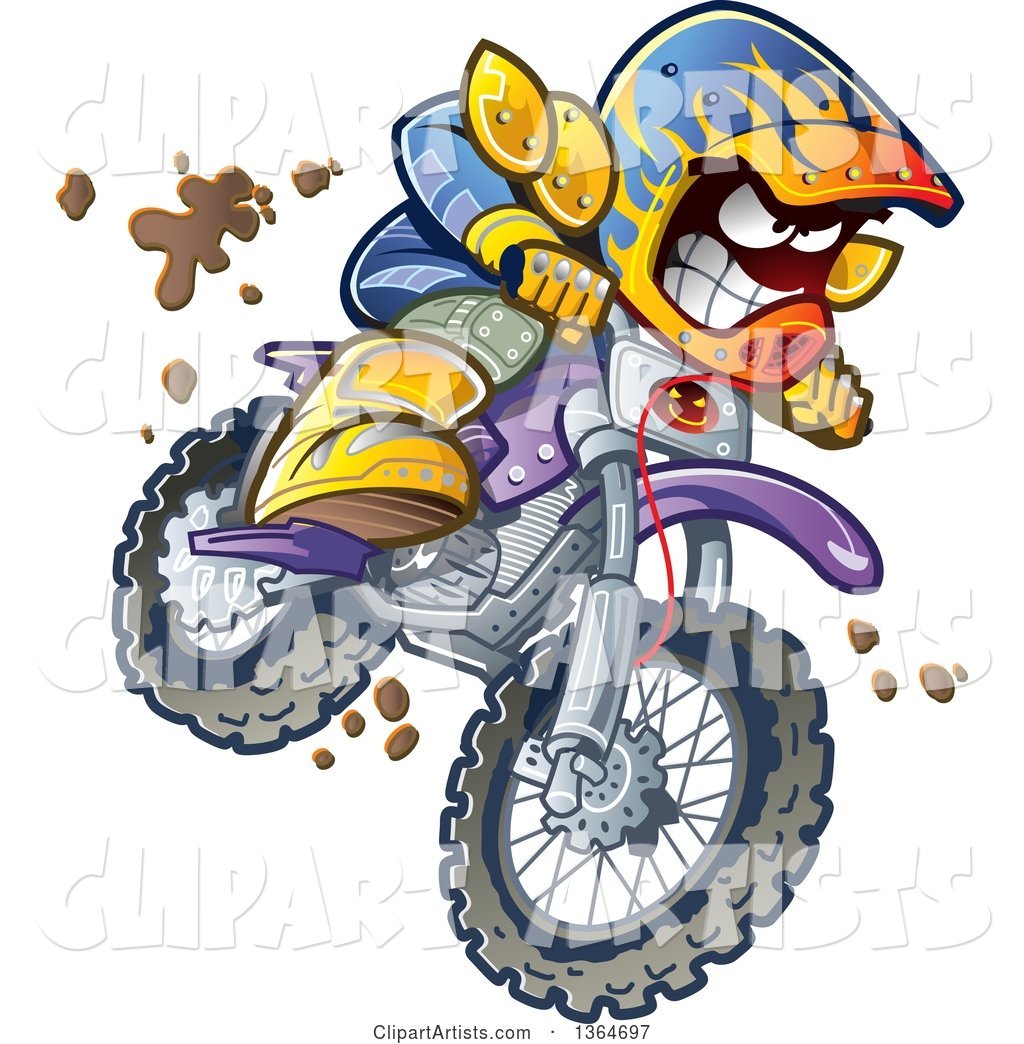 Cartoon Aggressive Man Jumping and Riding a Dirt Bike with Mud Splashing Everywhere