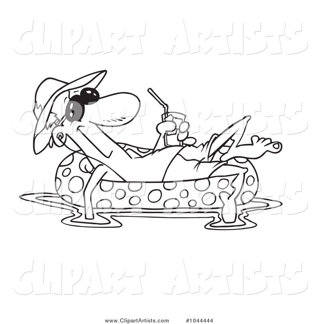 Cartoon Black and White Outline Design of a Man Floating in an Inner Tube with a Beverage