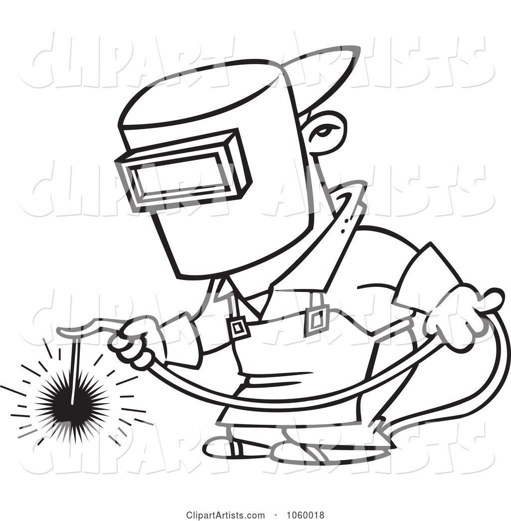 Cartoon Black and White Outline Design of a Welder at Work