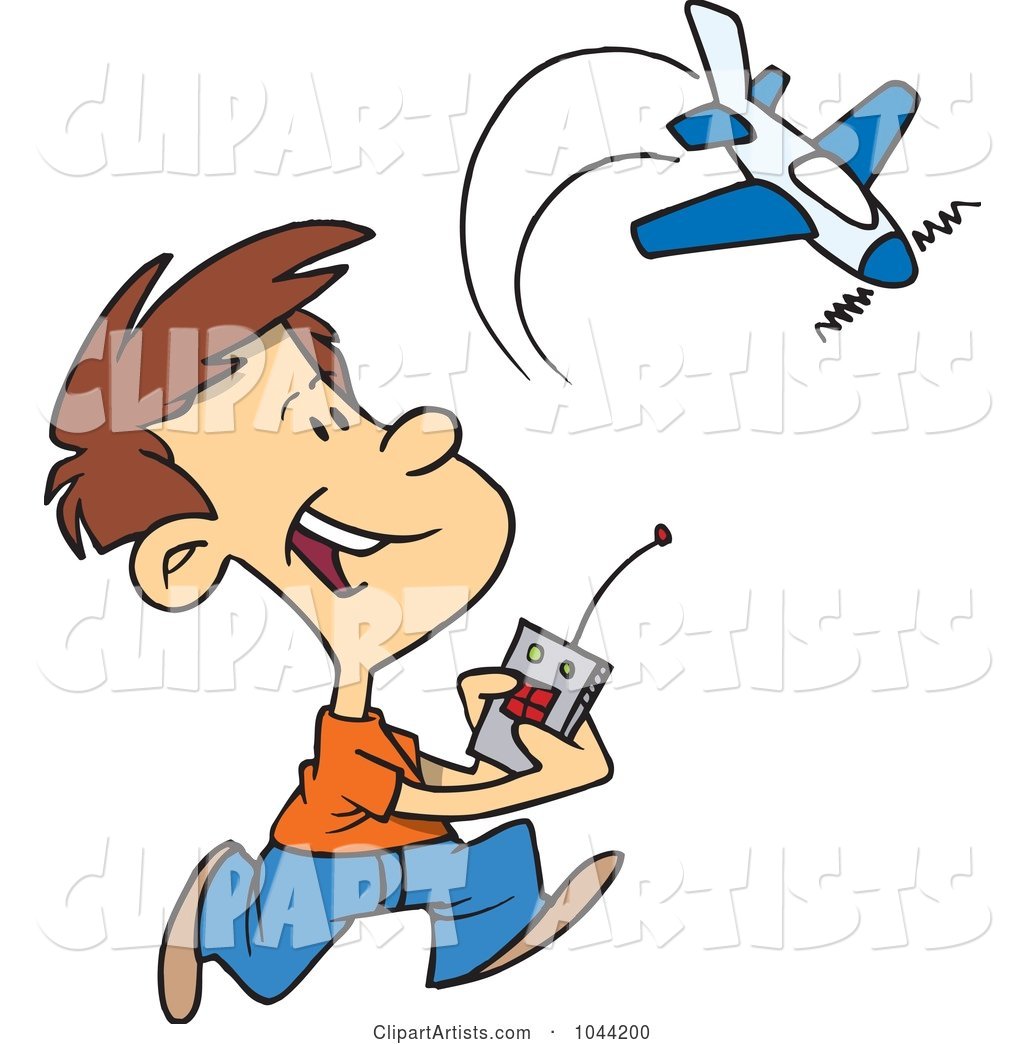Cartoon Boy Playing with a Remote Control Airplane