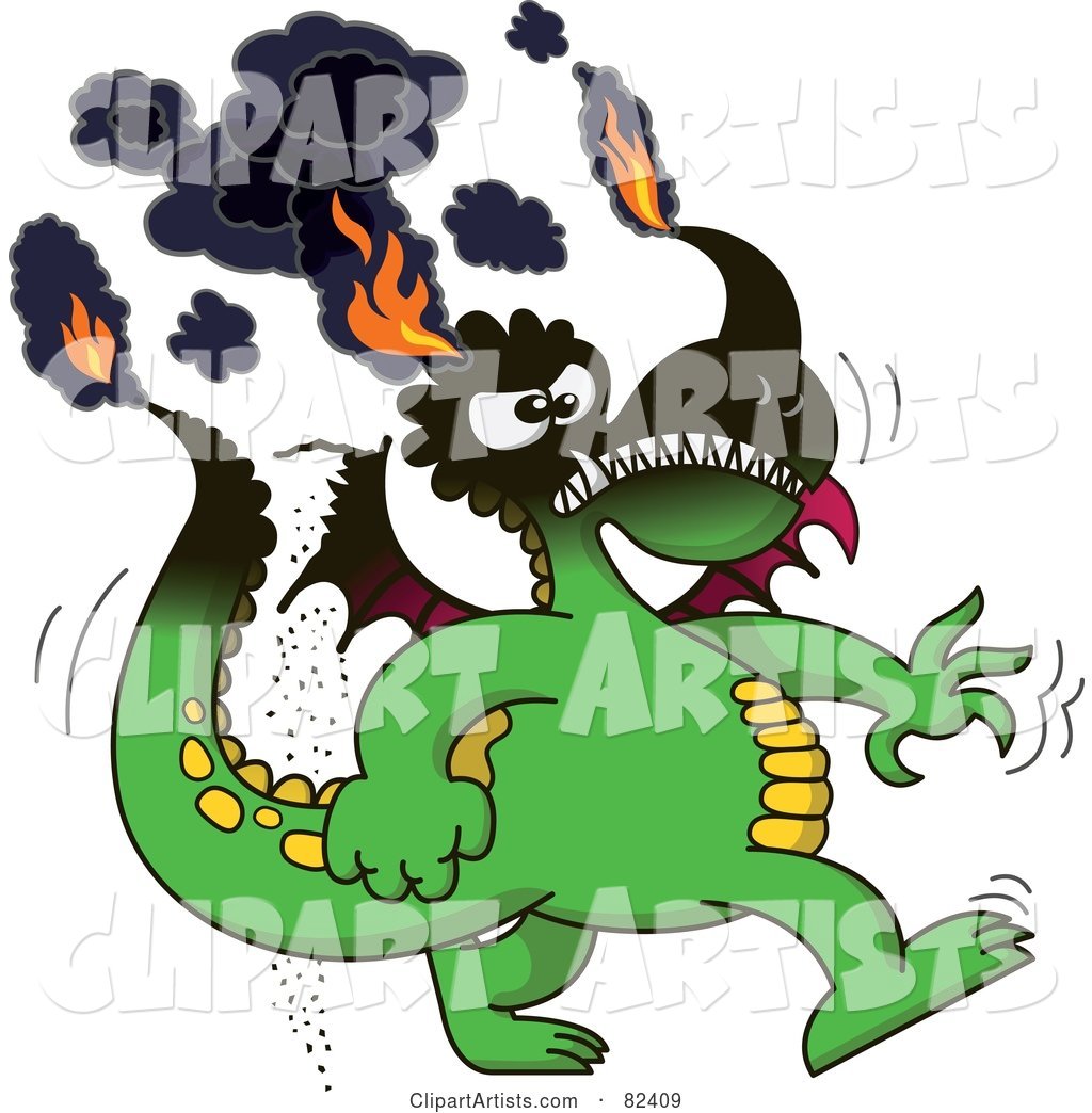 Cartoon Burning Green Dragon with His Tips on Fire
