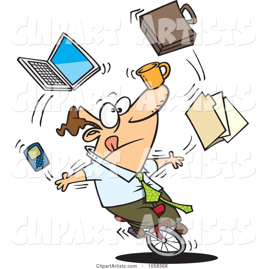 Cartoon Businessman Juggling Tasks on a Unicycle