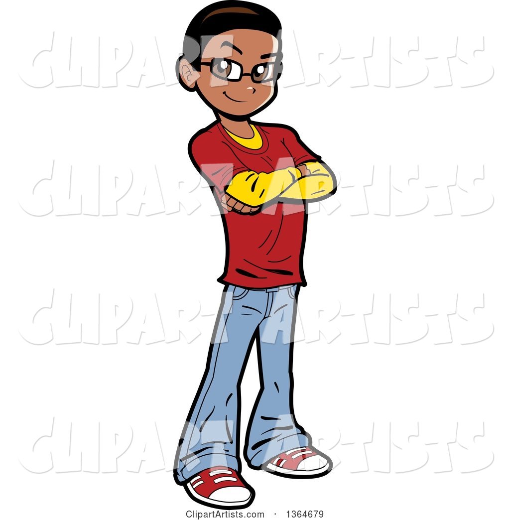 Cartoon Casual Black Teen Boy Standing with Folded Arms