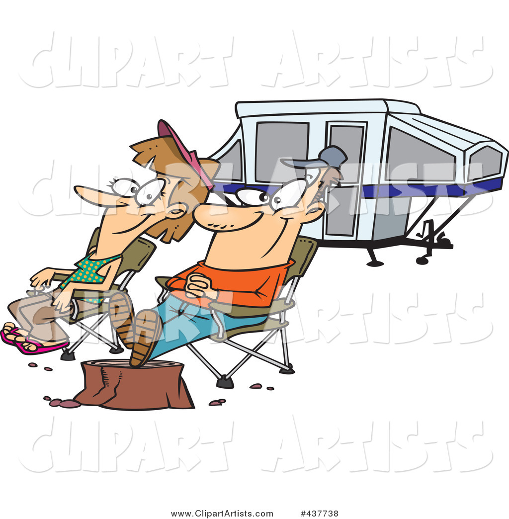 Cartoon Couple Relaxing at a Campsite near Their Tent Trailer