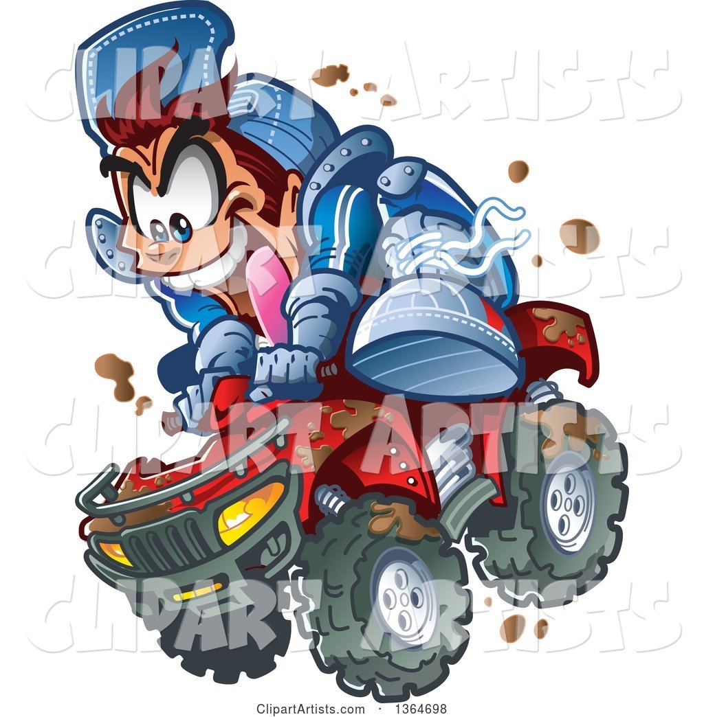 Cartoon Crazy Brunette White Man Jumping an ATV Quad Through the Mud