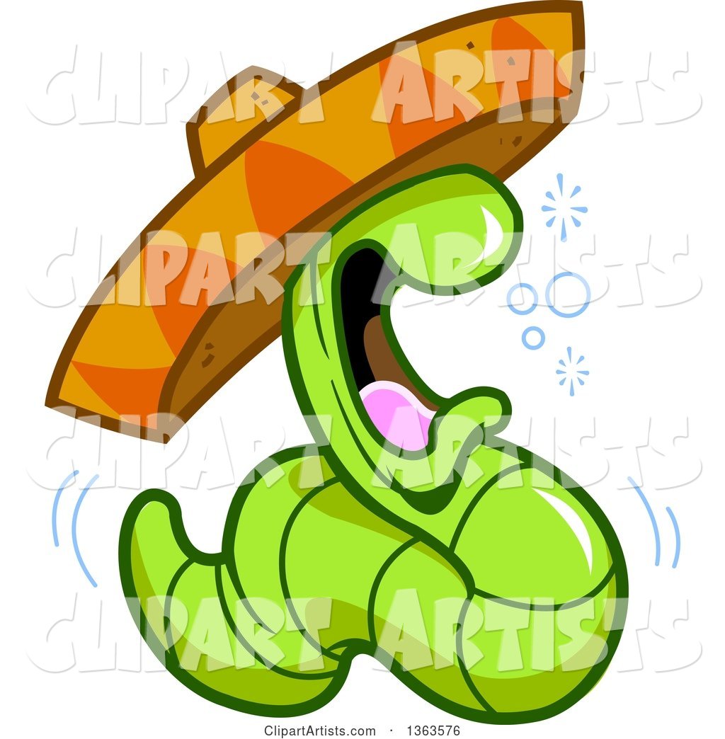 Cartoon Drunk Tequila Worm Wearing a Mexican Sombrero Hat
