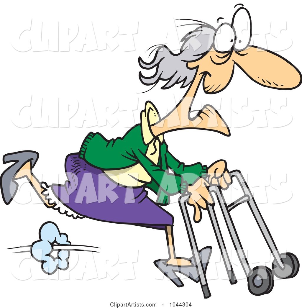 Cartoon Feisty Granny Running with a Walker