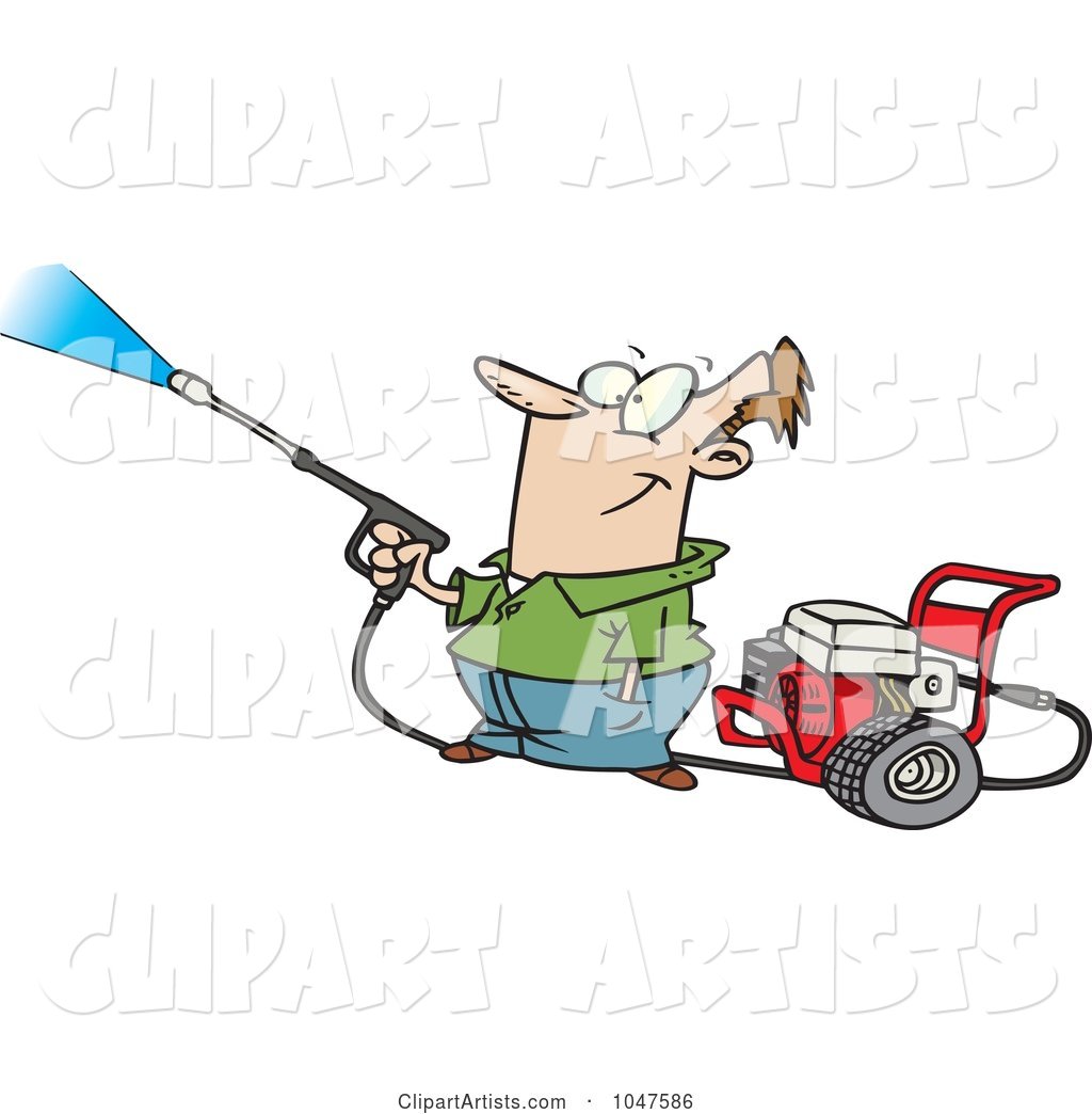 Cartoon Guy Using a Pressure Washer