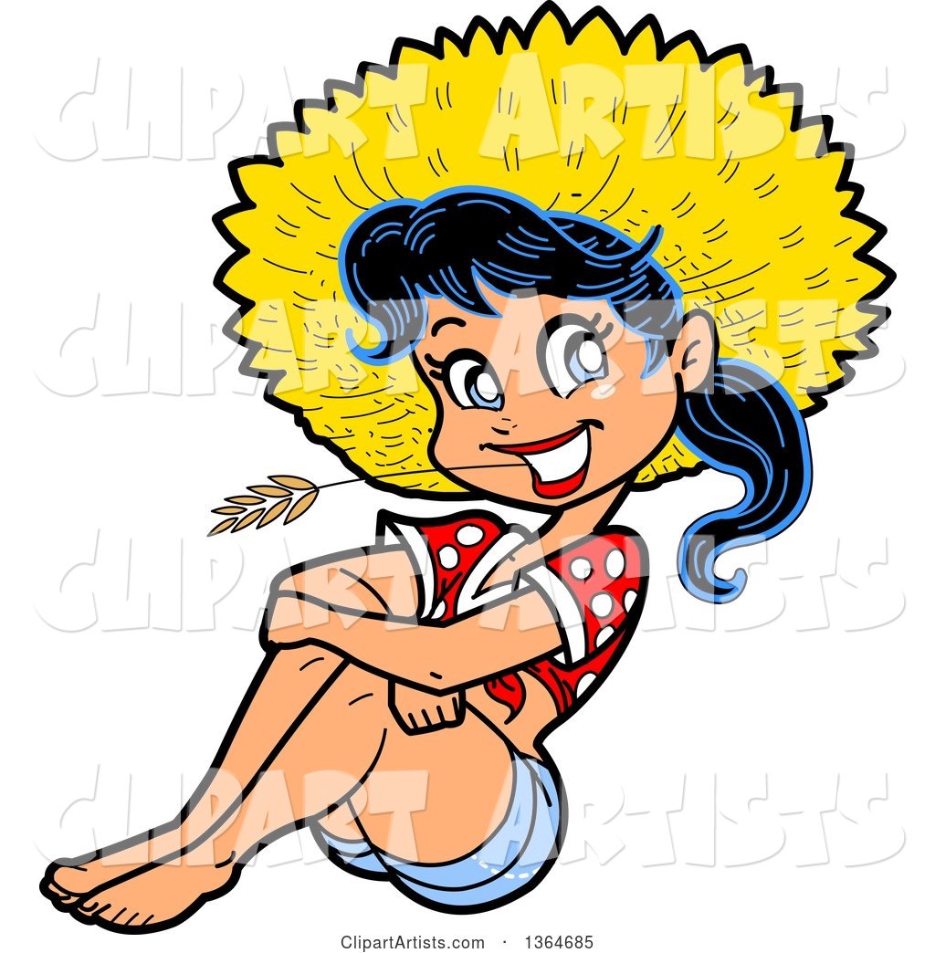 Cartoon Happy Black Haired Hillbilly Woman Sitting and Chewing on Straw